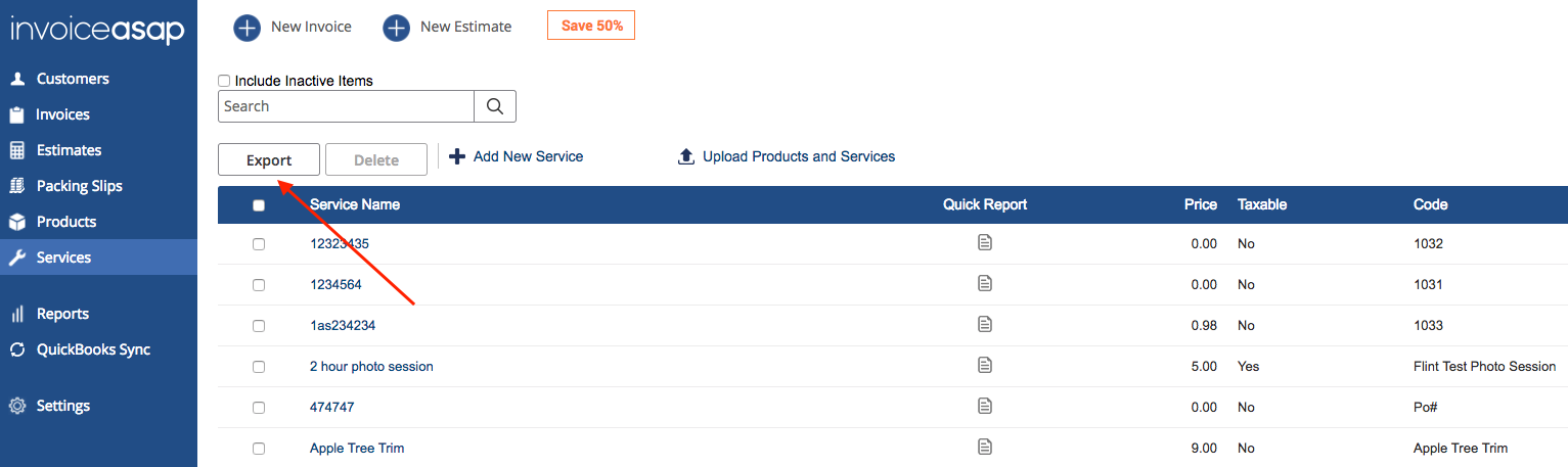 Web Dashboard: Export Service List – InvoiceASAP Support