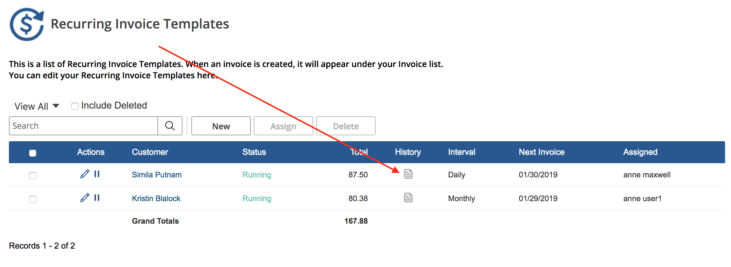 Web Dashboard: View Invoices Generated From A Recurring Template ...