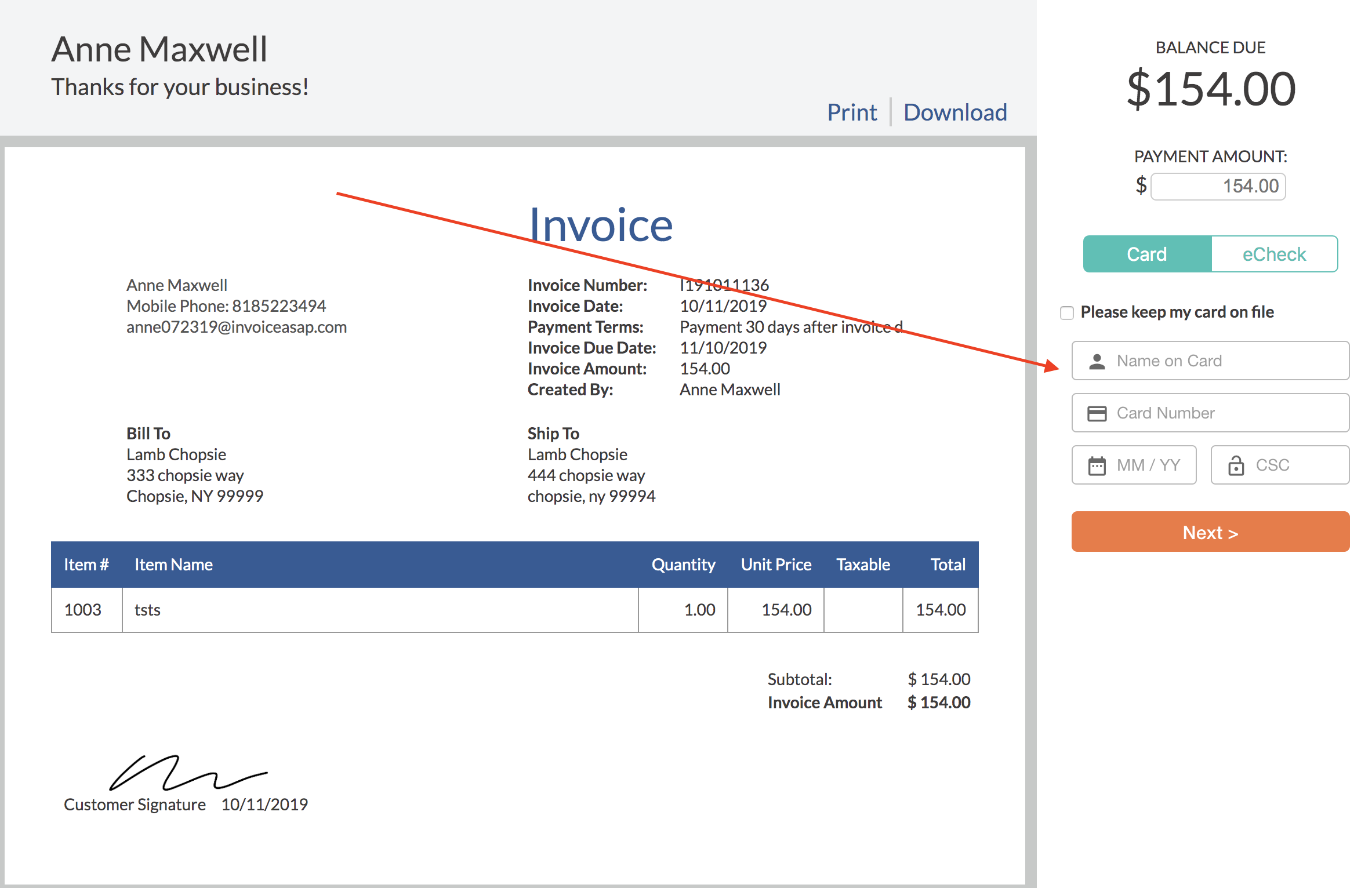 online invoicing and credit card payment