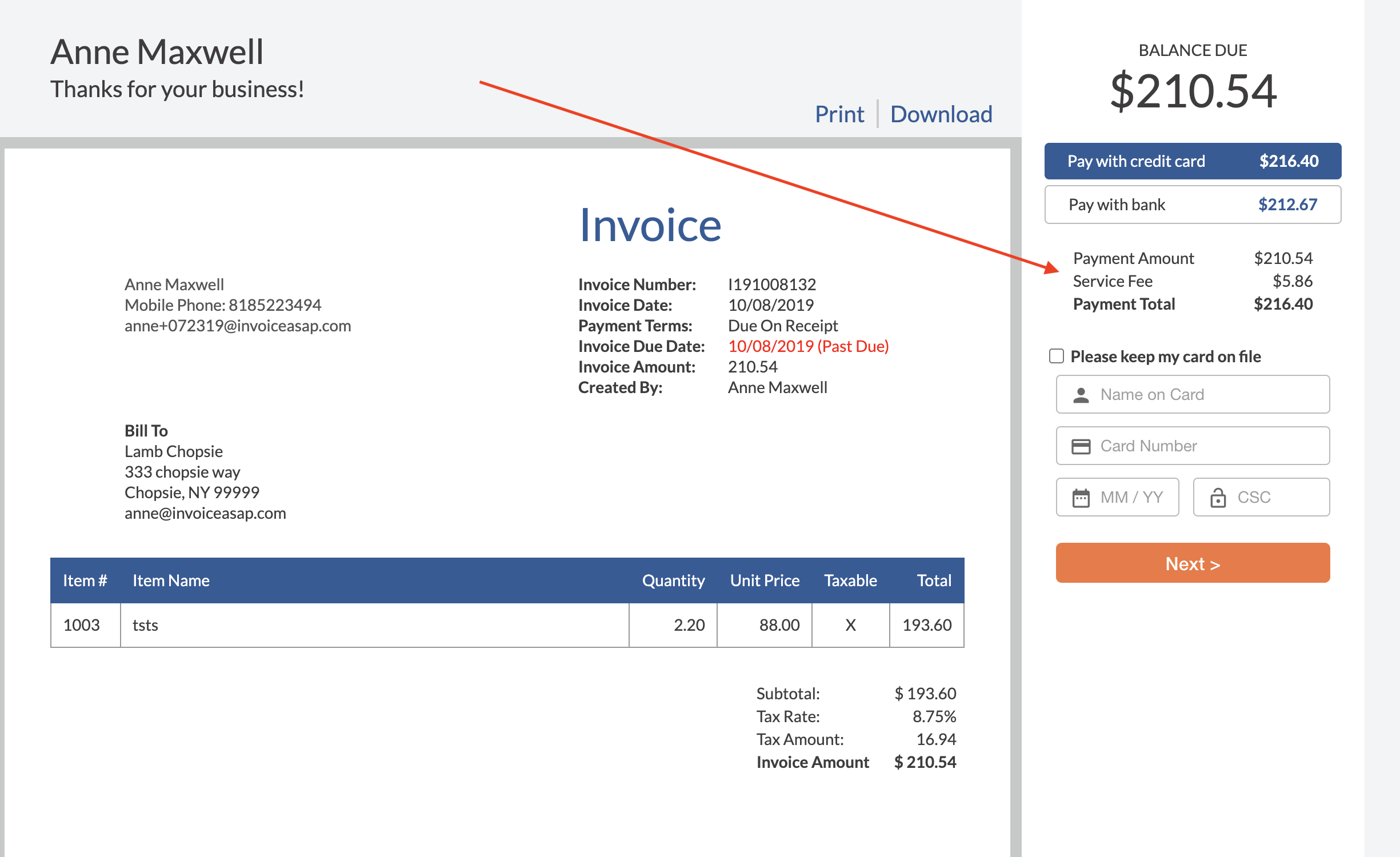 online invoicing and credit card payment