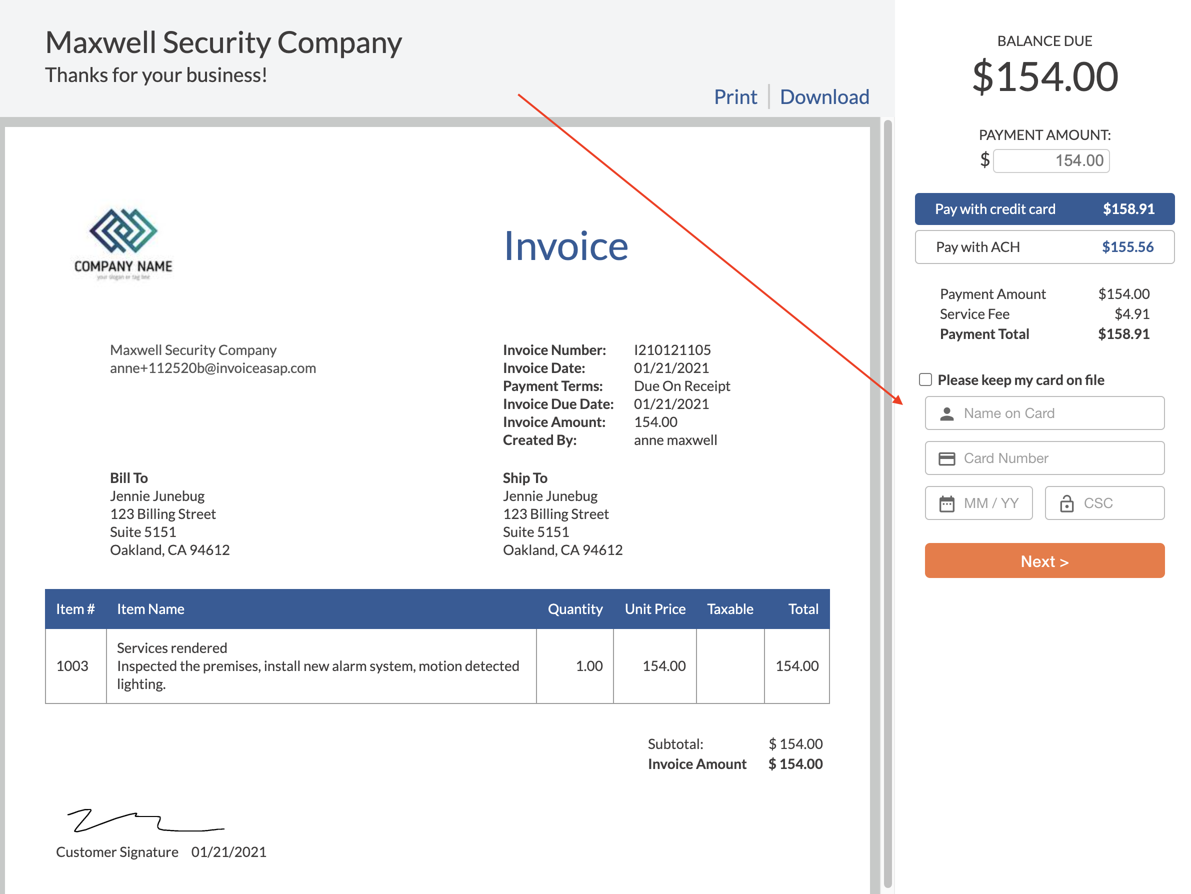 Web Dashboard: Taking a Payment with Credit Card on the Web Invoice